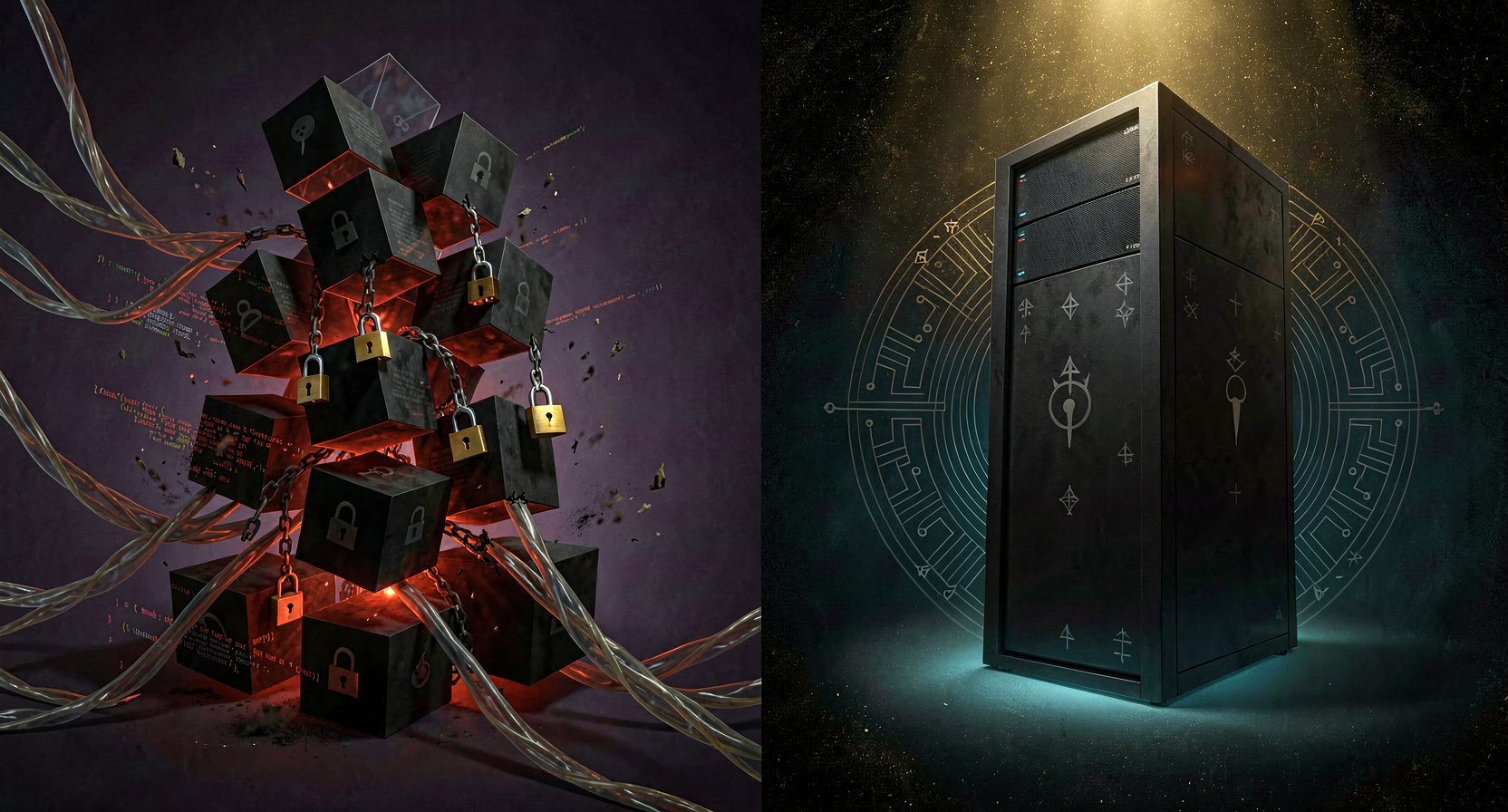 Comparativa visual entre stack delegado a terceros y stack controlado: candados ajenos vs. candados propios