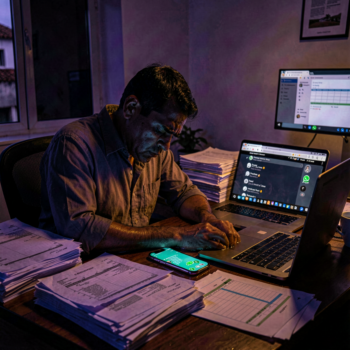 Empresario mexicano trabajando de noche, rodeado de papeles y notificaciones